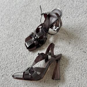Zara Burgundy and Brown Vinyl Square Toe Strappy Heels